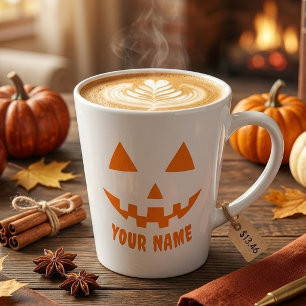 Caneca De Café Latte Orange Pumpkin Personalizado Halloween Seu Nome