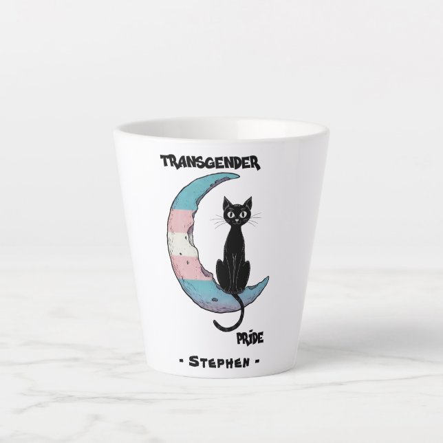 Caneca De Café Latte Orgulho Transgênero - Gato Negro na Lua de Sinaliz (Frente)
