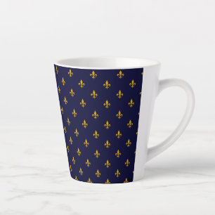 Caneca De Café Latte Ouro Fleur de Lis no Marinho Blue