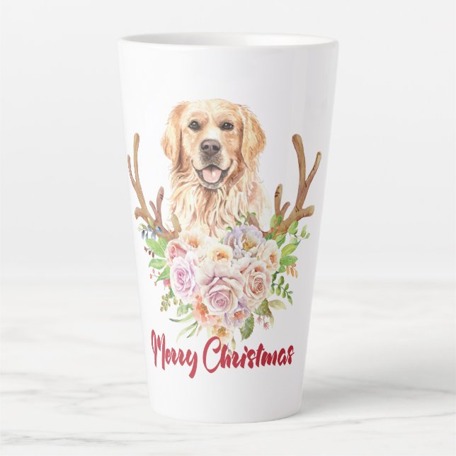 Caneca De Café Latte Ouro Retriever Floral Feliz Natal (Frente)