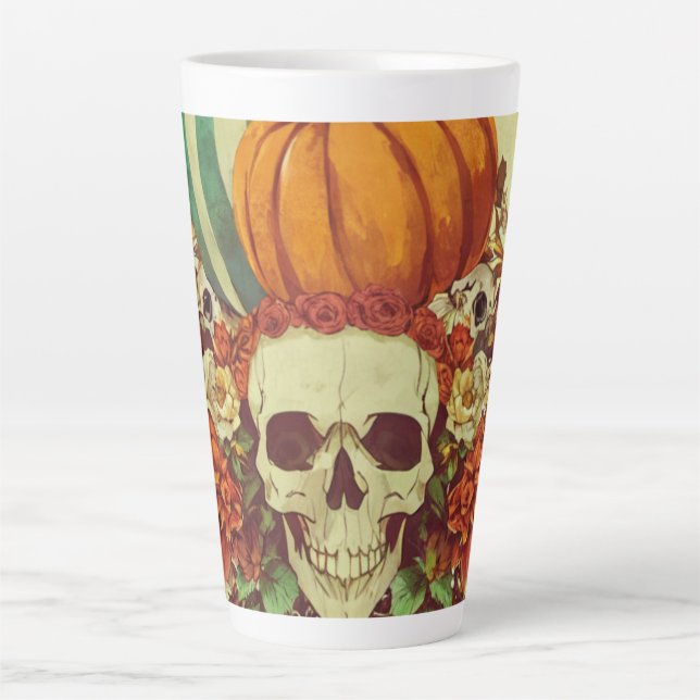 Caneca De Café Latte Outono/Halloween/abóbora/esqueleto  (Frente)