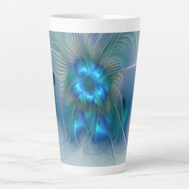Caneca De Café Latte Ovações de Pé, Fractal Azul Turquesa Abstrato (Frente)