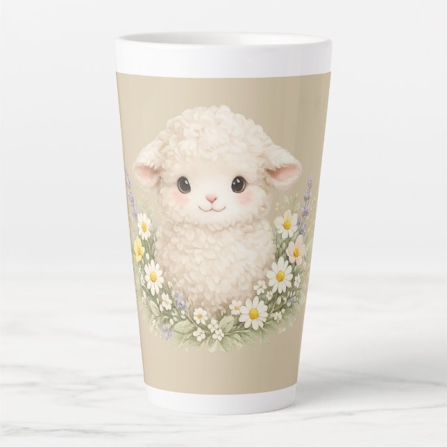 Caneca De Café Latte Ovelhas Caprichosas e Flores Silvestres para um Ch (Frente)