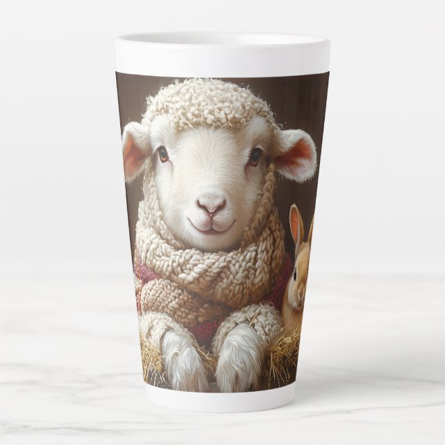 Caneca De Café Latte Ovelhas e coelhos em celeiro com flores (Frente)