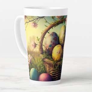 Caneca De Café Latte Ovos de Páscoa Decorados Artisticamente em uma Ces