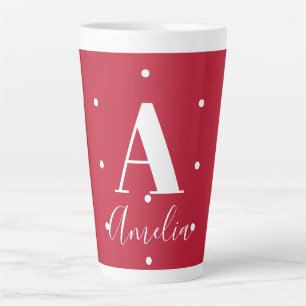 Caneca De Café Latte Padrão Bolinhas do Nome do Monograma Vermelho