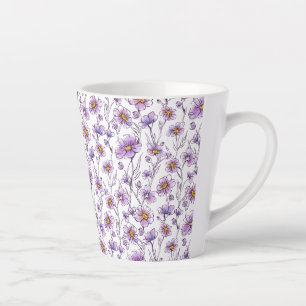 Caneca De Café Latte Padrão Botânico de Flor Silvestre Roxa