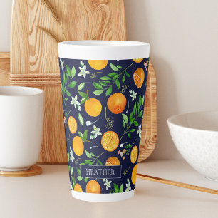 Caneca De Café Latte Padrão Botânico Floral de Verão Citrino Laranja