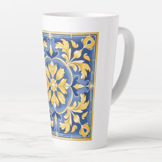 Caneca De Café Latte Padrão Botânico mediterrânico - Azul e Amarelo (Ângulo direito)