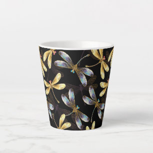 Caneca De Café Latte Padrão contínuo com libélulas douradas