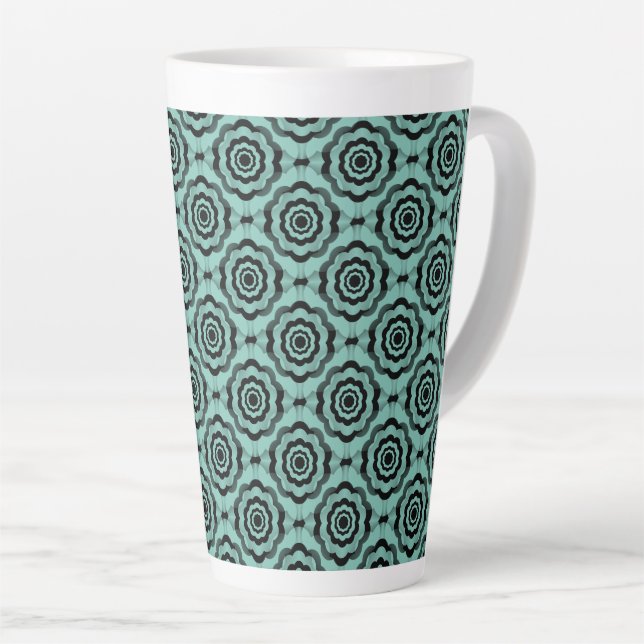 Caneca De Café Latte Padrão contínuo de flor preta azul-esverdeada (Ângulo direito)
