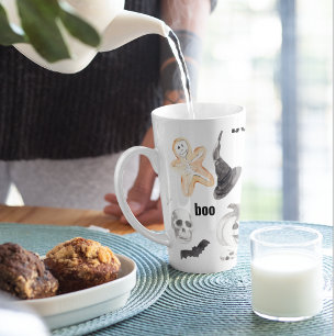 Caneca De Café Latte Padrão de Assustação Colorida do Halloween Feliz