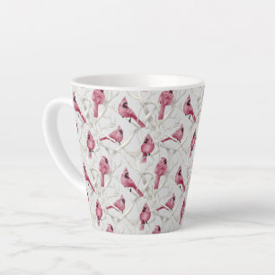 Caneca De Café Latte Padrão de Aves Cardinais de Natal Vermelhas e Cinz