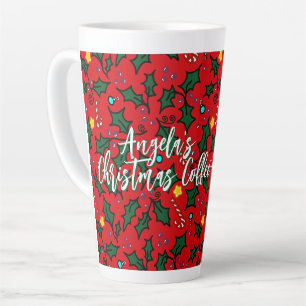 Caneca De Café Latte Padrão de azevinho com nome para café de Natal
