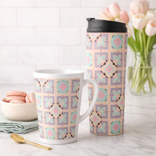 Caneca De Café Latte Padrão de Azulejo Geométrico Pastel Rosa Lilás V