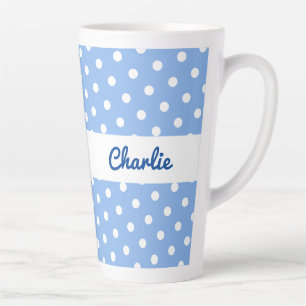 Caneca De Café Latte Padrão de Bolinhas Azuis Estiloso Nome Personaliza