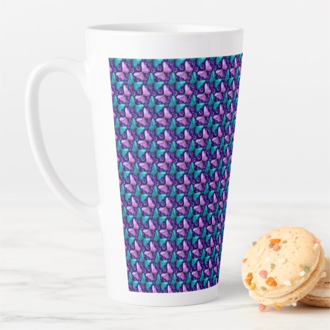 Caneca De Café Latte Padrão de Borboleta Roxa e Turquesa | Sem Costura  (In Situ)