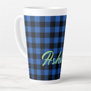 Caneca De Café Latte Padrão de Buffalo Checkered Azul Preto   Personali
