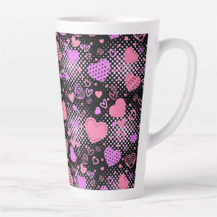 Caneca De Café Latte Padrão de Corações Rosa 01 Preto BG