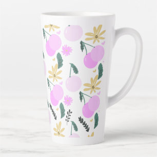 Caneca De Café Latte Padrão de Corações Rosa Amarelo Floral Verde Cerej