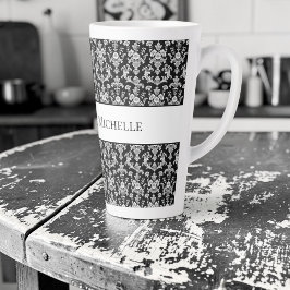Caneca De Café Latte Padrão de Damasco Preto e Branco Vitoriano