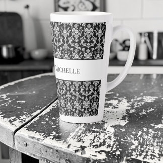 Caneca De Café Latte Padrão de Damasco Preto e Branco Vitoriano
