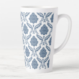 Caneca De Café Latte Padrão de Damasco Rococó Azul sobre Branco
