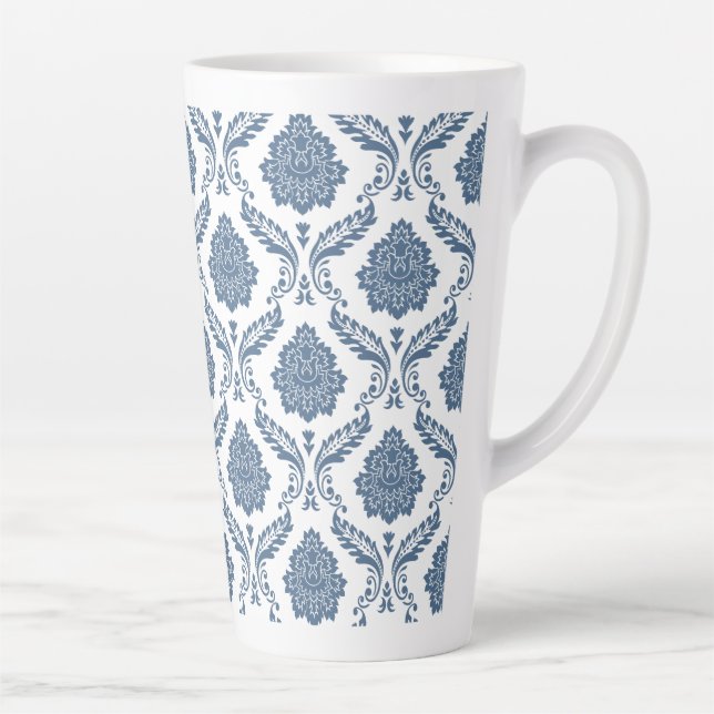 Caneca De Café Latte Padrão de Damasco Rococó Azul sobre Branco (Direita)