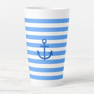 Caneca De Café Latte Padrão de faixa azul e branca com âncora