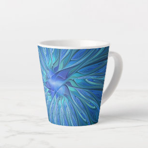 Caneca De Café Latte Padrão de Fantasia de Flor Azul, Arte Fractal Abst