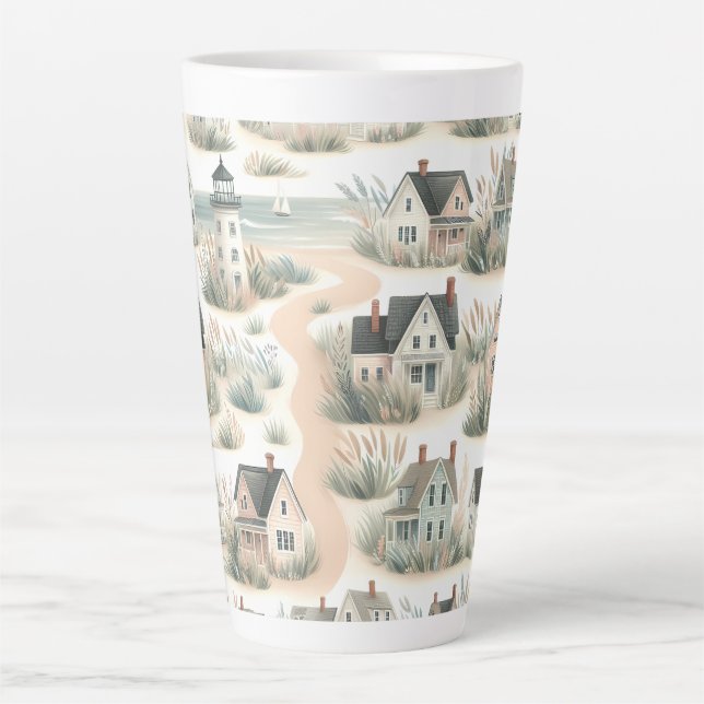 Caneca De Café Latte Padrão de Farol de Cabana Costeira (Frente)