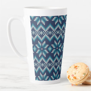 Caneca De Café Latte Padrão de Faux Knit de Suéter de Neve Azul e Bra