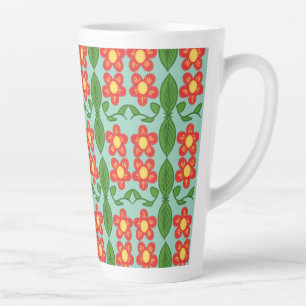 Caneca De Café Latte Padrão de Flor e Folha de Arte Popular Vermelha Pe