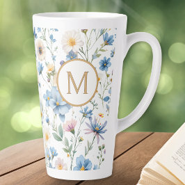 Caneca De Café Latte Padrão de Flor Silvestre Azul Elegante Monograma B