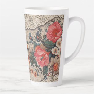 Caneca De Café Latte Padrão de flores brancas laranja vermelho-vivo