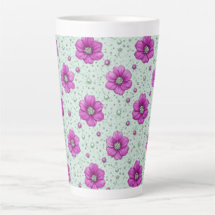 Caneca De Café Latte Padrão de Flores Cor-de-Rosa com Gotículas