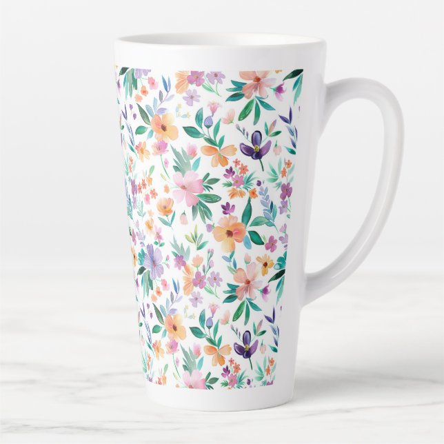 Caneca De Café Latte Padrão de Flores de Prado em Aquarela (Direita)