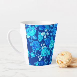 Caneca De Café Latte Padrão de Flores de Rosa Azul Clássico-87600