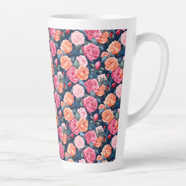 Caneca De Café Latte Padrão de Flores de rosa florescente- 80037 (Direita)