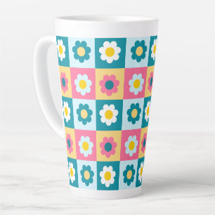 Caneca De Café Latte Padrão de Flores Pastel Coloridas Fofo Retrô
