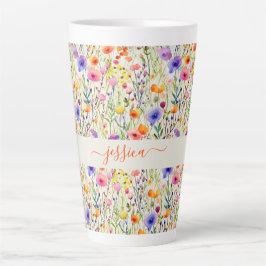 Caneca De Café Latte padrão de flores silvestres aquarela moderna nome 