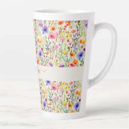 Caneca De Café Latte padrão de flores silvestres aquarela moderna nome 