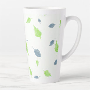Caneca De Café Latte Padrão de Folhas Azul e Verde 
