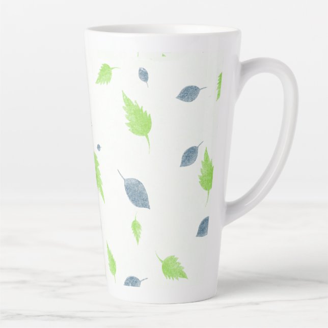 Caneca De Café Latte Padrão de Folhas Azul e Verde (Direita)