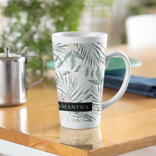 Caneca De Café Latte Padrão de Folhas e Flores de Aquarelas Tropicais