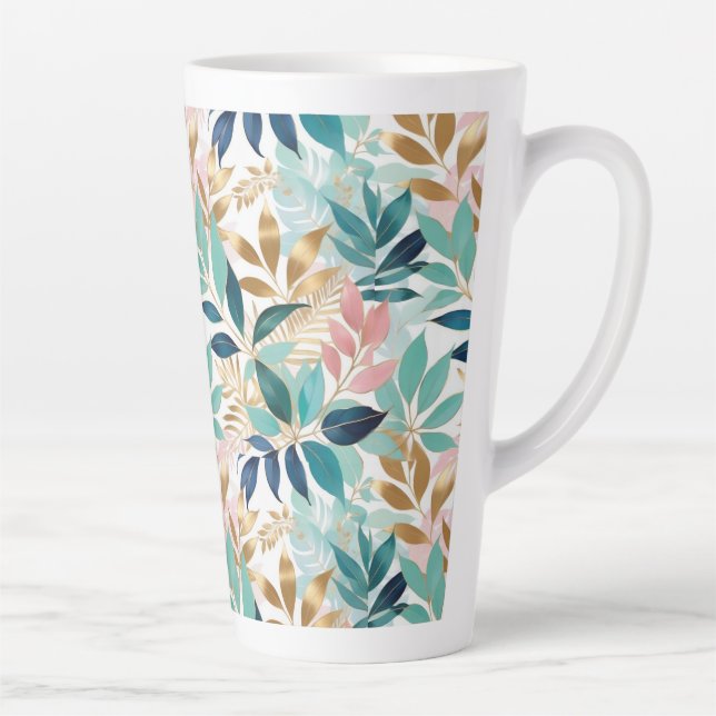 Caneca De Café Latte Padrão de Folhas Elegantes Aqua Rosa Dourado Falso (Direita)