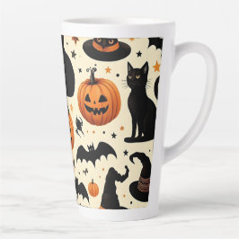 Caneca De Café Latte Padrão de Gato Preto e Abóbora com Tema de Hallowe