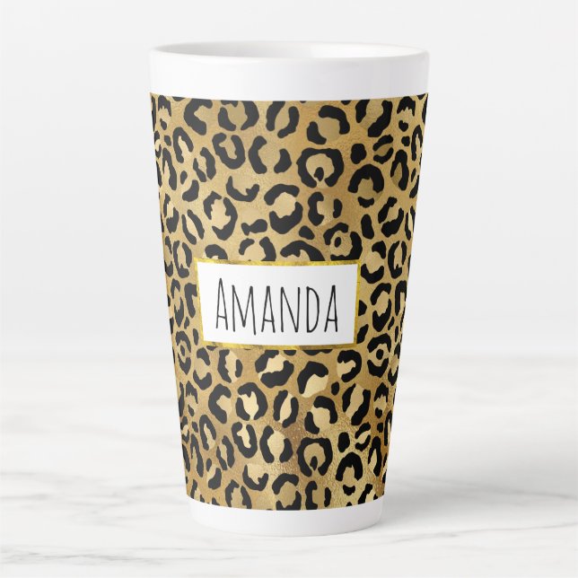 Caneca De Café Latte Padrão de impressão do leopardo em Dourado e preto (Frente)