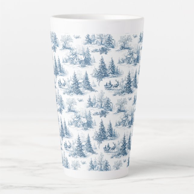Caneca De Café Latte Padrão de Natal em Toile Azul  (Frente)