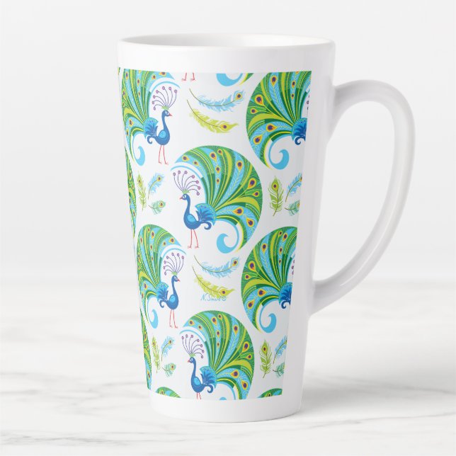 Caneca De Café Latte Padrão de Pavão e Penas (Direita)